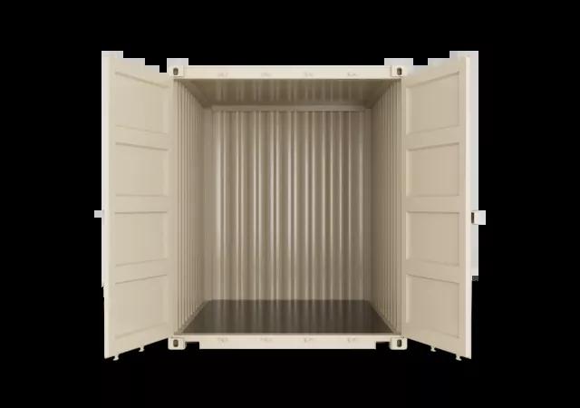 The inside view of a 10ft high cube shipping container, showcasing its interior with metal walls and floor, seen from the front towards the back.