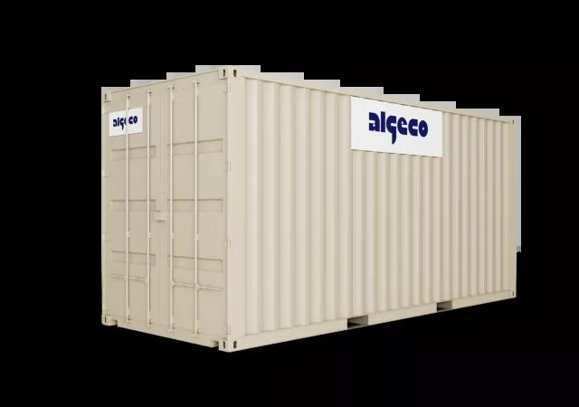 A 20ft high cube shipping container with its doors closed, captured at an angle, showing the corrugated metal sides and secure lock mechanism.