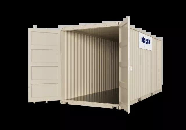 A 20ft high cube shipping container with both doors open, captured at an angle to display both the open door and the container's exterior.