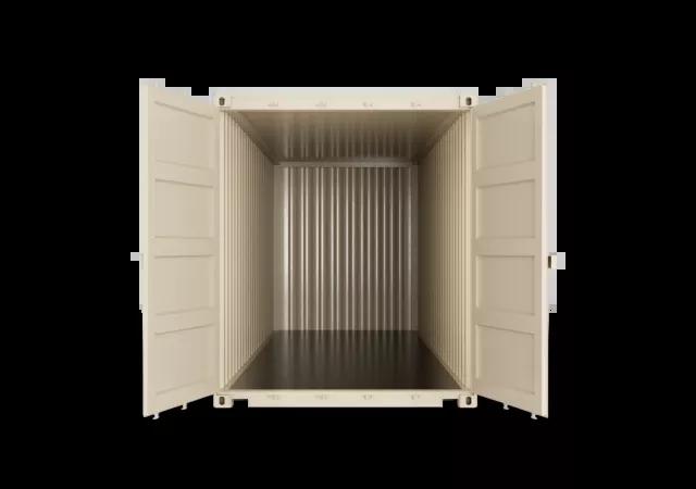 The inside view of a 20ft high cube shipping container, showcasing its interior with metal walls and floor, seen from the front towards the back.