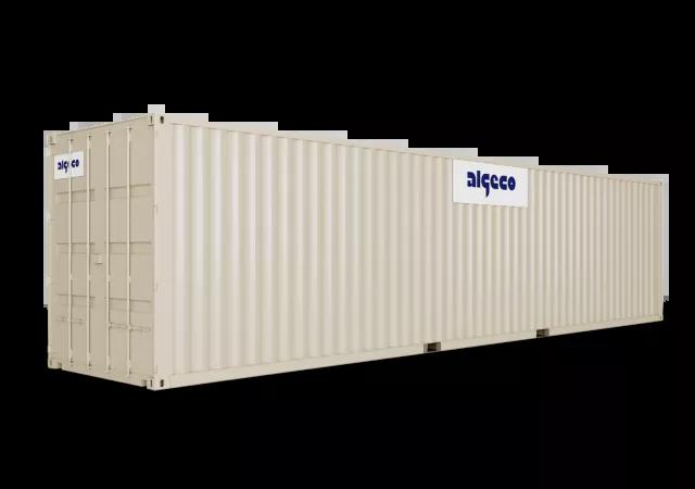 A 40ft high cube shipping container with its doors closed, captured at an angle, showing the corrugated metal sides and secure lock mechanism.