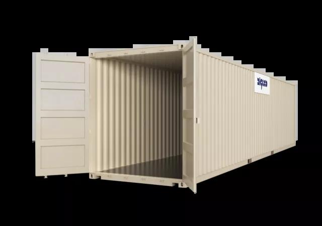A 40ft high cube shipping container with both doors open, captured at an angle to display both the open door and the container's exterior.