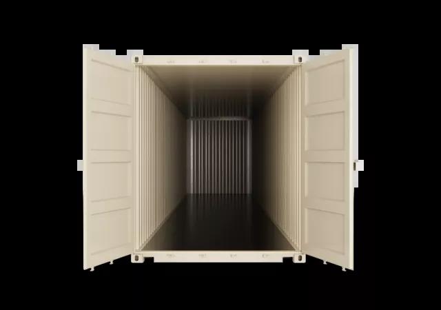 The inside view of a 40ft high cube shipping container, showcasing its interior with metal walls and floor, seen from the front towards the back.