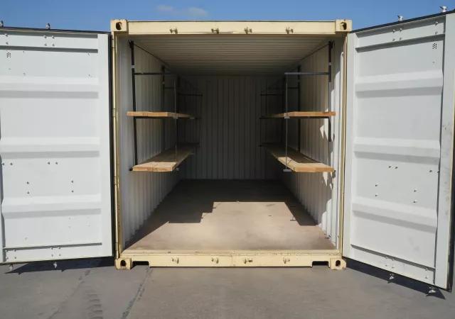 Algeco Shipping Container with doors opening showcasing wooden racking and flooring