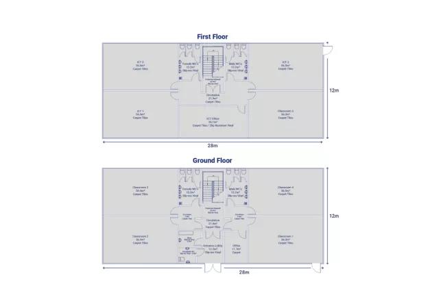 Two-storey building comprising of 5 classrooms, 3 ICT classrooms with ICT office, male & female toilets, office, store room. 