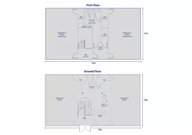 Two-storey building comprising of 5 store rooms, 4 classrooms, male and female toilets including staff toilets and lobby entrance. 