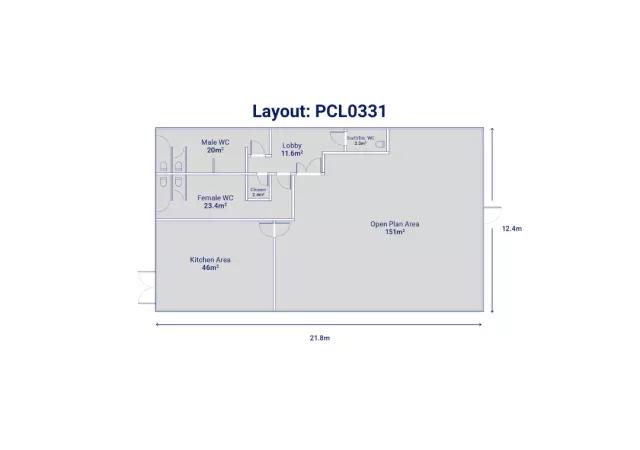 Single-storey building comprising of a large open plan office with lobby and kitchen area together with male and female toilet facilities.