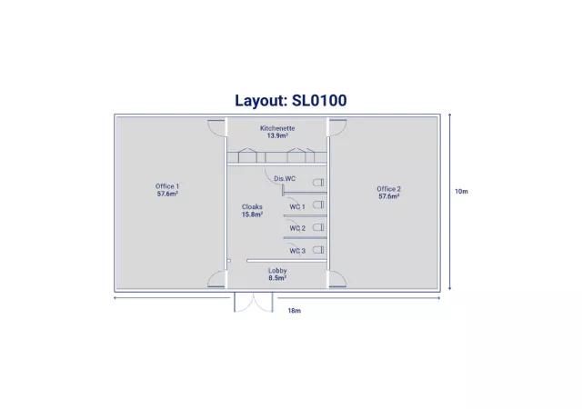 Single-storey building comprising of 2 open plan offices with lobby area, kitchenette and toilets